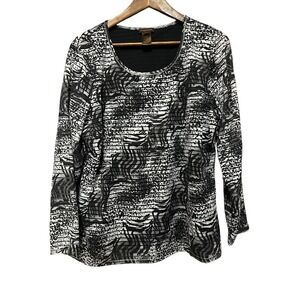 Multiples Black &‎ White Abstract Print Pleated Long Sleeve Top Size L